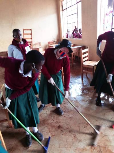 Ruhinda Secondary School students disinfecting the school
